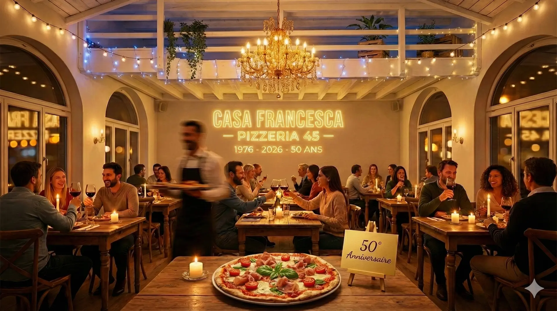 Salle du restaurant Casa Francesca Pizzeria 45 avec l'inscription 1976–2026 – 50 ans